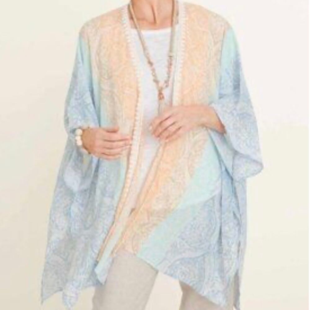 Chico's Kimono Cardigan Cover Up Embroidered Tonal Medallions Ruana Size  L XL